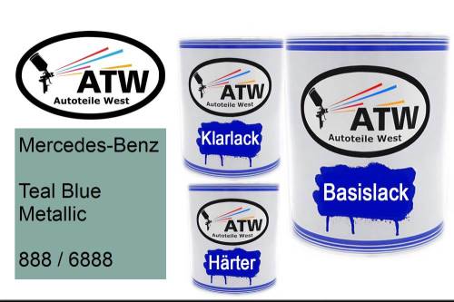 Mercedes-Benz, Teal Blue Metallic, 888 / 6888: 1L Lackdose + 1L Klarlack + 500ml Härter - Set, von ATW Autoteile West.